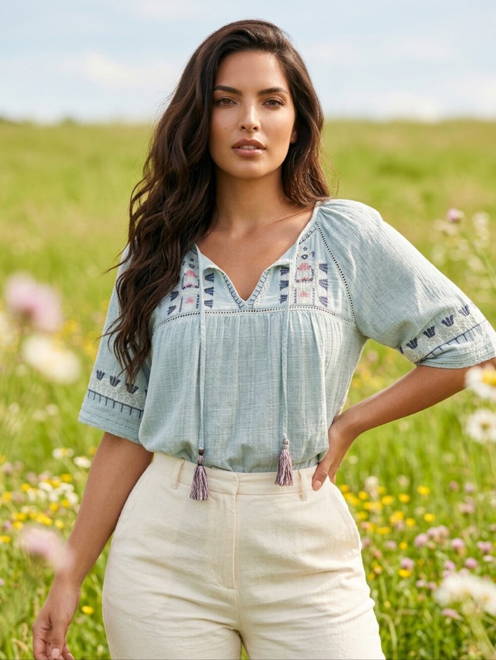Knox Rose Boho Blue Embroidered Short Sleeve Top W Tassels, Lace Edging Sz M